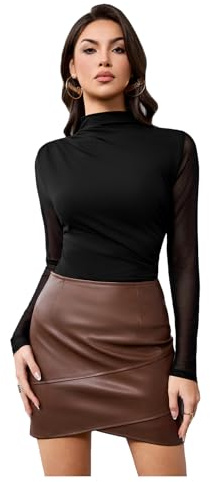 SweatyRocks Women's Mock Turtle Neck Bodysuit Long Sleeve Ruched Mesh Going Out Bodysuits Tops Black Medium