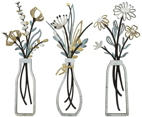 ZYZX 3-Piece Wooden Flower Wall Art Set, Minimalist Farmhouse Decor, Rustic Wood Flower Wall for Living Room, Bathroom, Bedroom, Dining Room, Housewarming Gifts, Blue