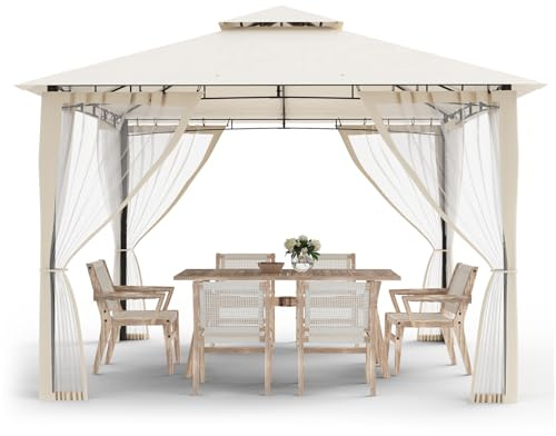 Amopatio Cenador de Jardín, 2.75x2.75m, Doble Techo Impermeable con Mosquitera Incluida - Pergola Exterior de Metal para Fiestas, cenador de Metal para Piscina,Beige