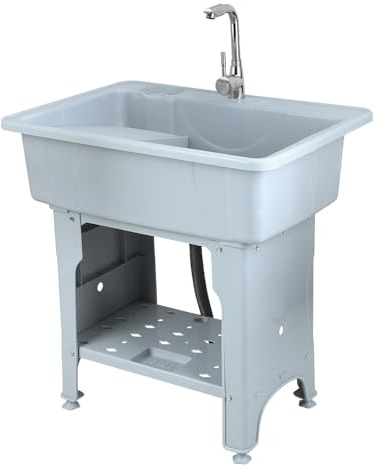 Labufiz Utility Plastic Laundry Sink with Removable Washboard & Hot Cold Faucet, 31” Freestanding Portable Outdoor Sink, Multi-Functional Hand Wash Station for Laundry Room, Backyard, Garage, Pet B