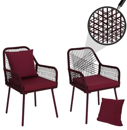 Mendler Set 2 sedie da giardino HWC-O12, da esterno alluminio intrecciato a corda Rope - bordeaux, cuscini bordeaux