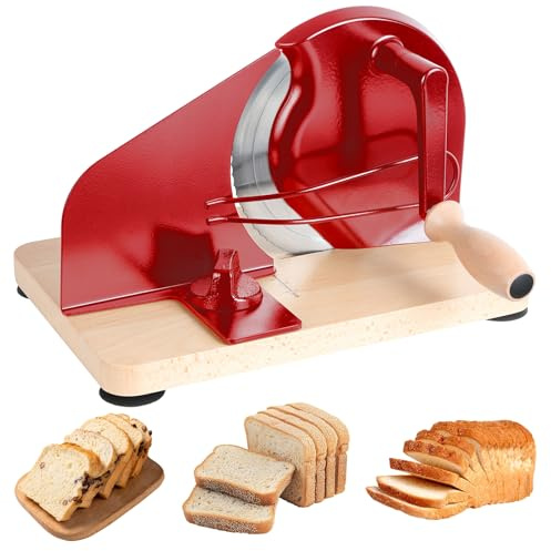 Haibinsuo Cortador de pan para pan de masa madre casero, cortador manual de pan ajustable con valla de acero y manivela, construcción de acero inoxidable y madera de haya, color rojo vino