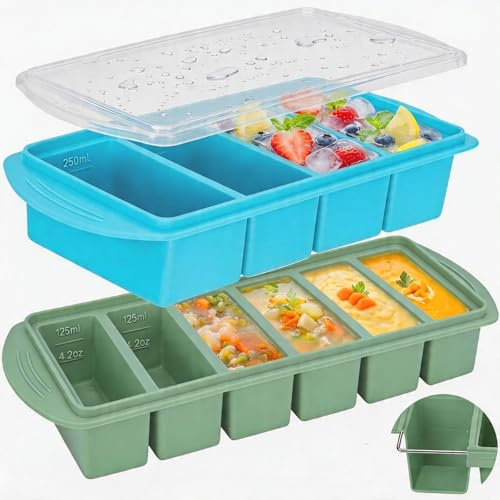 Bandeja de silicona para congelador con tapa,Molde Silicona Congelador & Souper Cubes, Bandeja Cubiteras para Hielo, Paquete de 2 recipientes de sopa extra grandes Congelar Sopas(4 x 250Ml, 6 x 125Ml)