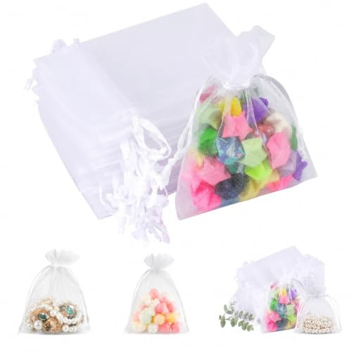 Lafefe 20Pcs Organza Gift Pouches, 7x9CM Clear Mesh Drawstring Pouches, Organza Gift Bags for Wedding Favours, Party, Festival, Candy and Game Favour Bags - White