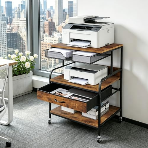 JSHNE Large Printer Stand with Storage Drawer and Wheels, 3 Tier Printer Table with 5-Adjustable Heights, Rolling Printer Cart with Wheels, Mobile Filing Cabinet for Office Home Fits 3D Printer