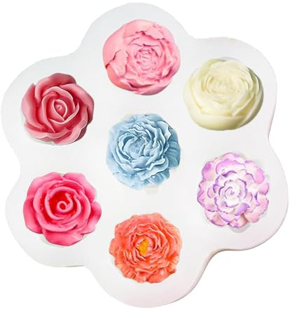 CZNBZIU Stampo in Silicone per Fiori, 7 Cavità Rosa e Peonia, Stampo da 12x12 cm per Dolci Cioccolato Sapone Cera Gesso, Resistente -40°C a 230°C, Multiuso per Cucina Cottura Artigianato