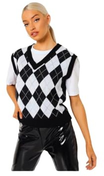 Womens Argyle Knitted V-Neck Sleeveless Pullover Sweater Vest, Ladies Diamond Pattern Tank Top, Soft Stretch Knit Top Sizes 8-22 (UK, Alpha, S, M, Regular, Regular, Black-White)