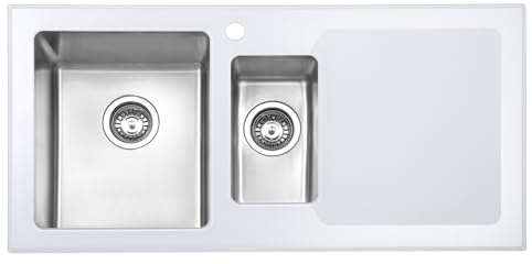 JASSFERRY Brilliant White Glass Kitchen Sink Stainless Steel 1.5 One Half Bowl Right Hand Drainer with Strainer Waste, 1000 X 500 mm