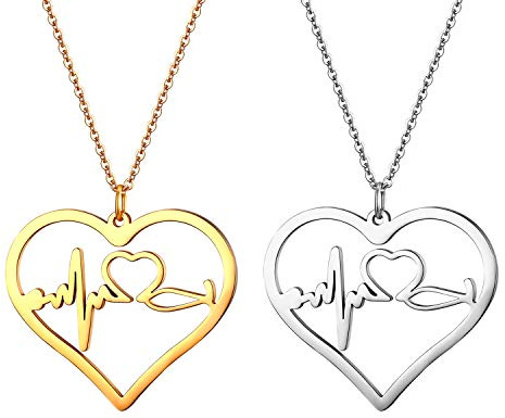 JewelryWe Schmuck Edelstahl Herzschlag Pulse Rhythmus EKG Herzfrequenz Hohl Herz Anhänger mit 45cm Kette, Krankenschwester Arzt Medizinische Stethoskop Charme Halskette für Damen, Gold Silber