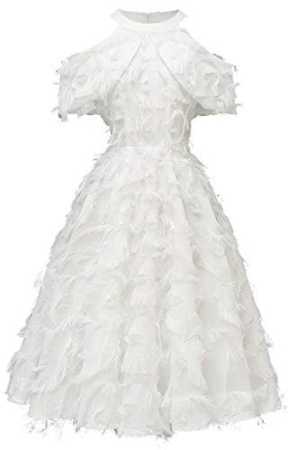 Lazzboy Kleider Für Hochzeitsgäste Damen Abendkleid Maxi Spitzenkleid Lang Schulterfrei ärmellos Floral Frauen Oansatz Federn Plisseekleid(Weiß,S)