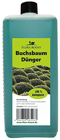 Konfitee Buchsbaum Dünger Flora Boost 1000ml I Für bis zu 200L Gießwasser I Für kräftige Blätter & Schutz gegen Schädlinge I Flüssiger Blatt- & Wurzeldünger I 100% natürlicher Pflanzendünger
