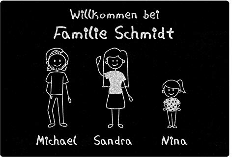 Personalisierte Fußmatte Familie im Comic Style | Türmatte mit bis zu 6 Namen und unterschiedlichen Figuren - Herzlich Willkommen bei Familienname | Fussmatte für Wohnungstür und Haustür | 75 x 50 cm
