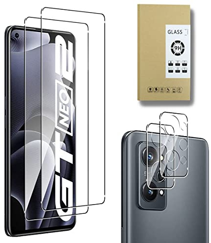 E-Hamii - Protector de pantalla compatible con Realme GT Neo 2 5G [2 piezas] + cámara trasera protectora [2 piezas] vidrio templado 9H [resistente a los arañazos, sin burbujas] [transparente]