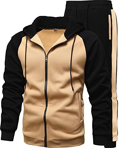 GXAMOY Men's 2 Pieces Tracksuits Running Sports Suits Drawstring Waistband Sweatsuit BlackKhaki(TZ05) XL