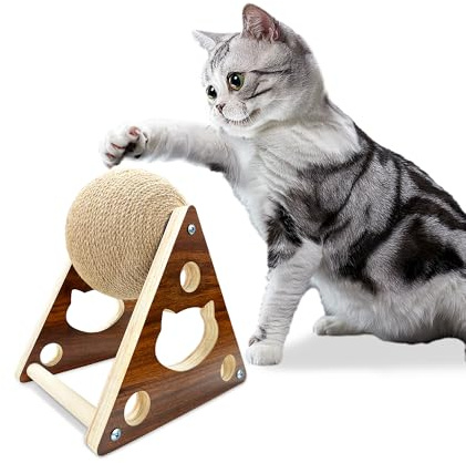 Cat Scratcher Toy,Natural Sisal Rope Cat Scratching Ball Scratcher Toy with Ball for Cats& Kittens&Dogs&Puppy, Interactive Solid Wood Scratcher Pet Toy (Small)
