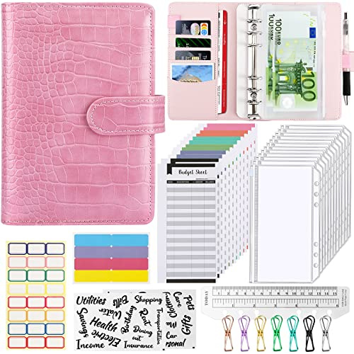 A6 Budget Binder Budget Planner, 37Pcs 6 Löcher Ringbuch Notizbuch mit Binderumschlägen, Budgetblätter, Etikettenaufklebern, Herrscher, Geld Aufbewahrung ​Sparbuch für Reisen und Tagebuch（Rosa）