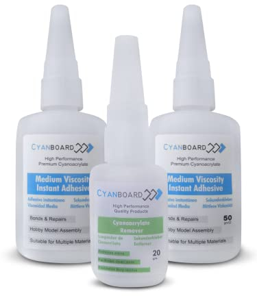 Cyanboard, 2 cyanoacrylate 50 g + 1 nettoyant cyanoacrylate 20 g. Dissolvant de colle, adhésif instantané, réparations, maquettes, modélisme.