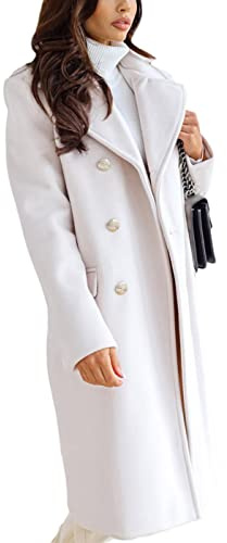 shownicer Manteau Femme Élégant Boutons de Mode Chaud Manteaux Vintages Couleur Unie Revers Long Veste OL Business Manteau E Blanc L
