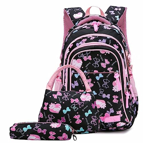 TianMaiGeLun School Backpack Set For Teen Bookbag Lunch Bag & Pencil Case Bookbags Middle Elementary Preschool Kindergarten Supplies (Black)