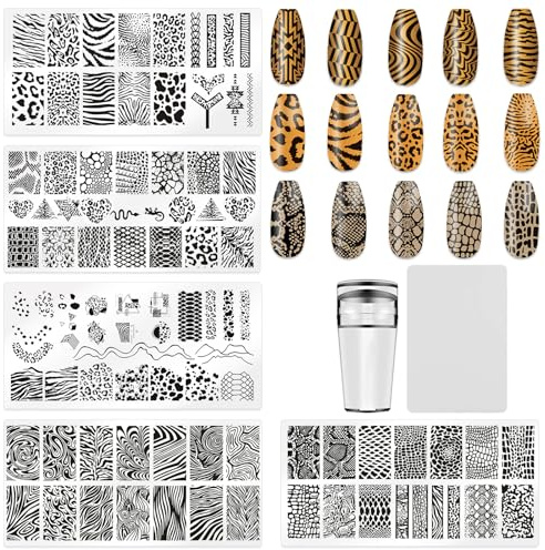 HYWWPFLAY 5Pcs Leopard Print Nail Stamp Nail Stamping Plates Nail Art Stamping Plates Nail Design Stamp Nail Plate Template Nail Art Accessories Tools with 1 Nail Stamper, 1 Scraper