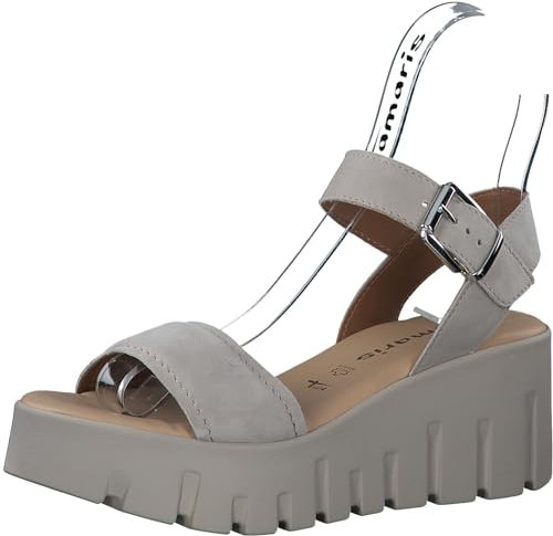 Tamaris Damen Plateau Sandalen Leder Keilabsatz Sommer; TAUPE SUEDE/braun; 40 EU