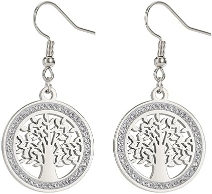 Dreamtimes Pendientes Árbol de la Vida para Mujer Acero inoxidable transparente Oro Circón Pendientes redondos Árbol familiar Moda Regalo de boda Encanto Joyería de lujo