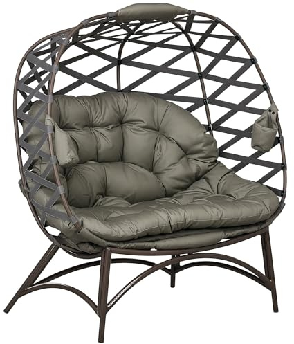 Outsunny Egg Chair Outdoor, 2 Seater Folding Weave Garden Furniture Chair with Cushion, Cup Pockets for Patio Balcony - Sand Brown