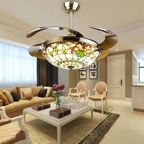 Ventilatore con Luce da Soffitto Pale a Scomparsa in Stile Tiffany, 107cm Lampadario LED con Ventilatore da Soffitto Vintage, Ventilatore a Lampadario Tre Temperature di Colore 6 Velocità-Brown