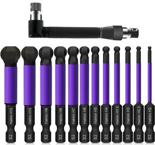GIONAR Innensechskantschlüssel-Set mit Kugelkopf, S2-Stahl, 6,35 mm Sechskantschaft, magnetisch, violett, 75 mm Sechskant-Bit-Set mit 1 Mini-Doppelend-Stecknuss für tägliche Reparatur,