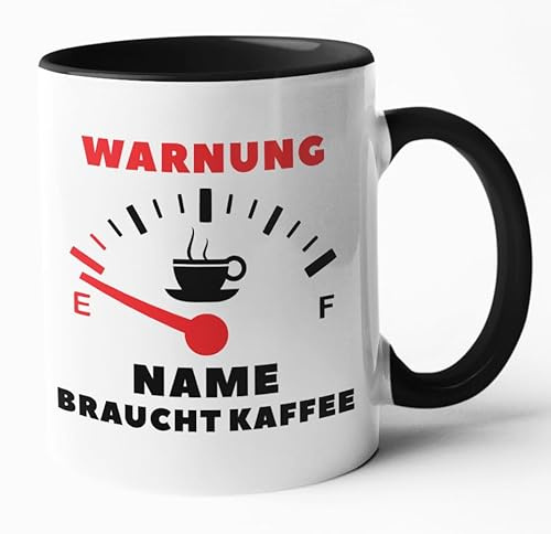 Kaffeetasse, Becher, Tasse Tankanzeige... Warnung - NAME - braucht Kaffee, personalisiert (schwarzweiße Tasse)