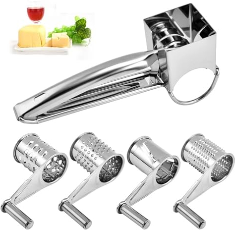 Grattugia per formaggio a manovella, MINI Grattugia rotante multifunzione in acciaio inossidabile con 4 pialle, Facile da pulire, Macinino manuale portatile per formaggio, fragole, ciliegie, limoni
