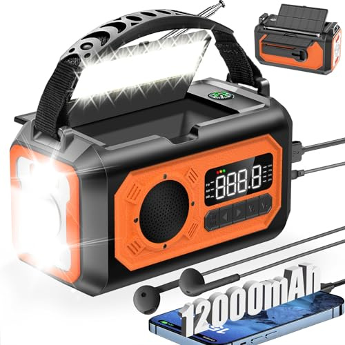 44400mWh/12000mAh Emergency Weather Radio, Hand Crank Radio Solar Radio Portable AM/FM/NOAA Radio with 2 Solar Panels 3 Charging Methods SOS Alarm 3 Mode Flashlight Phone Charger Compass Reading Lamp
