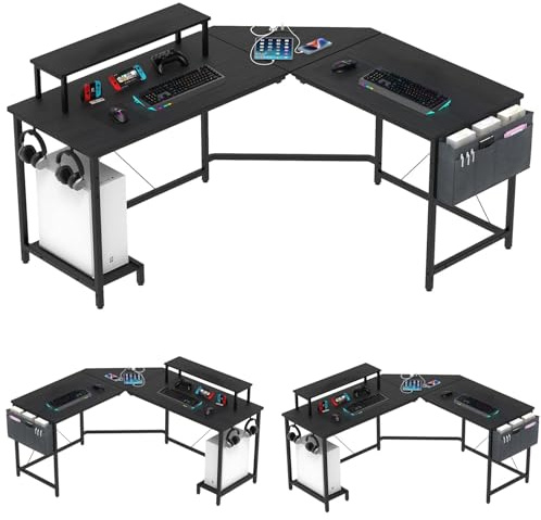 Bureau Gaming Angle Utlenianie, Bureau D'Angle Gaming avec Fonction de Chargement, Table Gaming avec Support pour écran, Bureau Informatique pour Jouer et Travailler, 135-160x55x75cm