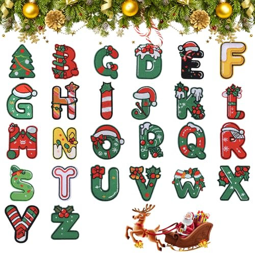 BRTNUP 26 Stück Weihnachtspatches Aufbügeln Buchstaben Aufnäher Applikations Set Gestickte Alphabet Patches für Weihnachts Taschen Kleidung Dekoration oder Reparaturen und Jeans Kostüme Mützen DIY