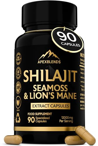 3-in-1 Shilajit, Seamoss and Lions Mane Capsules - High Strength 12000mg Lion's Mane Shilajit and Irish Sea Moss | Fulvic Acid, Organic Sea Moss | Supplements for Men and Women | 90 Vegan Capsules