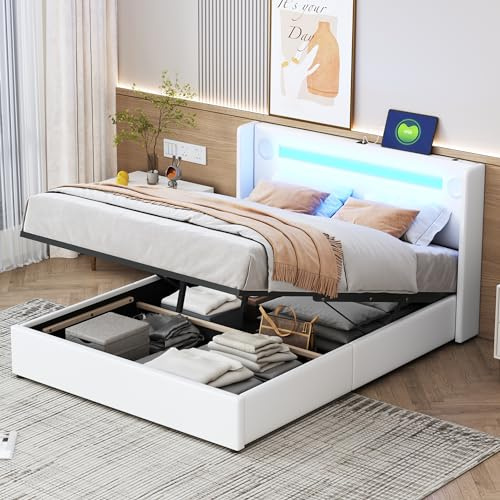 Rtopsu Polsterbett Doppelbett 140x200 cm mit Lautsprecher und LED-Beleuchtung, Bett mit Stauraum und USB-Kopfteil, Stauraumbett Bettgestell mit Lattenrost aus Holz, PU, Weiß, Ohne Matratze