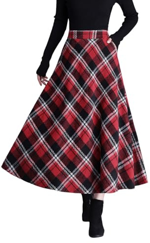 Damen Wolle Lang Röcke Winter Hohe Taille Faltenrock Elegant Retro Streetwear Party A-Linie Rock Glockenrock (DE/NL/SE/PL, Alphanumerisch, M, Regular, Regular, Rot 1)