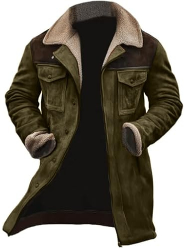 Vintage mocka jacka män, vadderad vinter dragkedja långärmad tjock kappa leece fodrad quiltad kappa med flera fickor utomhus vindjacka kappa medellång förtjockad kappa, gRÖN, XL