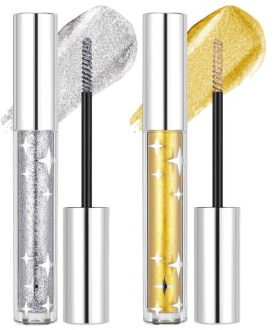 Prreal 2 Colors Glitter Mascara Set, Long Lasting Glitter Lash Mascara | Coloured Mascara Waterproof, Diamond Sparkling Eye Make-Up, Silver Gold Mascara