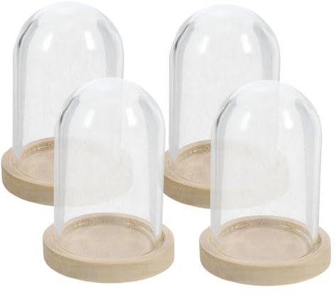 KONTONTY Preserved Flower Glass Bell Jar 4 Sets Mini Display Cases Flower Decor Domes with Wood Base