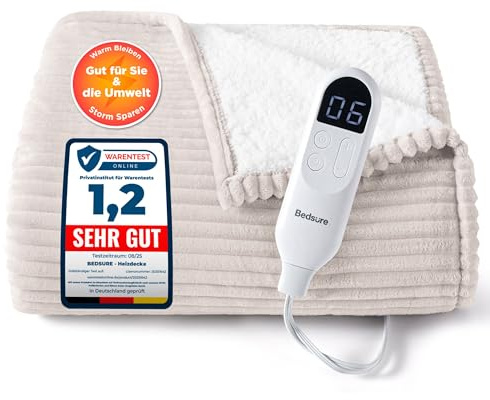 BEDSURE Heizdecke Elektrische Kuscheldecke - 130x180cm, Gestreift Natur | mit Abschaltautomatik, 6 Heizstufen & 10 Stunden Timer, bis zu 8 Stunden Überhitzungsschutz für Home & Office