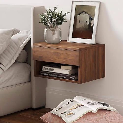 Juego de 2 mesitas de noche modernas montadas en la pared con estante flotante de almacenamiento para dormitorio, sala de estar, dormitorio, mesita de noche de madera en color nogal