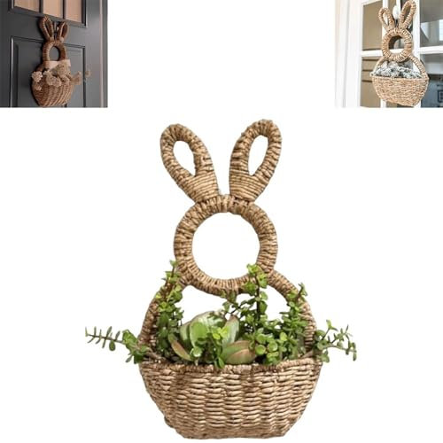Generico Cestino a Forma di Coniglietto Pasquale in Vimini Intrecciato a Mano, Design Senza Fodera, Perfetto per Aggiungere Decorazioni alla Porta d'ingresso all'Interno o all'Esterno. (1pcs)