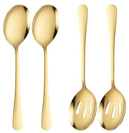 4Pcs Gold Cooking Spoons, Serving Spoon, Cooking Utensils, Stainless Steel Kitchen Utensils for Buffet Dishwasher Safe for Party, Banquet, Kitchen