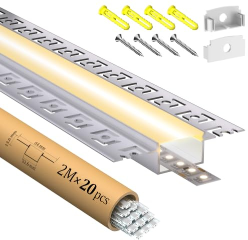 LASLUX LED 2m × 20 – Alu Unterputz Profil 64x13.6mm für Streifen bis 20mm – Led unterputz profil trockenbau Aluminium Profile Schiene Kanäle Leiste Diffusor mit Abdeckung & Clips