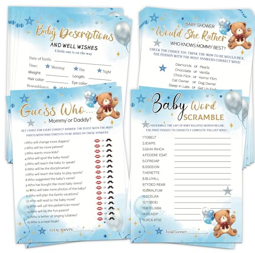 HOMANGA Baby Shower Games for Boy Girl, 4 Fun Games for 25 Guests, Who Knows Mommy Best, Guess Who Mommy or Daddy, Word Scramble, Baby-descriptions & Well Wishes, Blue Bear Baby Showers Decorations