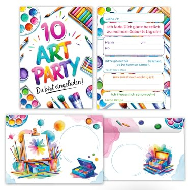 Junaversum 6 Einladungskarten inkl. 6 Umschläge zum 10. Kindergeburtstag Art Kreativ-Party Malparty Kunst Basteln DIY Künstlerparty Kinder Mädchen Einladungen zehnte Geburtstag Kids