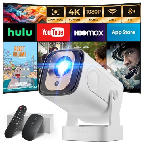 Projector [Auto Focus & 1080P Native & Built-in Apps] 4K Support Auto Correction WiFi 6 Bluetooth 5.4 Air Remote Mini Portable Projector Compatible with HDMI/TV Stick/Memory Stick/Laptop, White