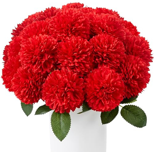 SITUMEIZI 12 Pcs Red Artificial Chrysanthemums Flowers Ball Flower Fake Mums Silk for Wedding Home Kitchen Decoration Floral Arrangement