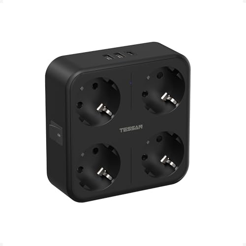 TESSAN Ladron uttag med USB C, 4 Schuko-multiuttag med 3 USB, 3 600 W, 7-i-1-strömställare, vägguttag för kontor, kök, svart